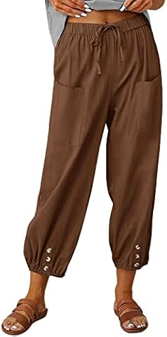 SMIDOW Cotton Linen Women Pants Drawstring Elastic Waist Tapered Pants  Casual Cargo Pants Bootcut Pants Harem Pants for Work