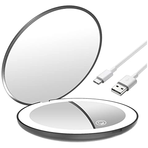 Kintion Compact Mirror with Light, 1X/10X Magnification Travel Mirror,  Rechargeable Pocket Mirror LED Purse Mirror, 2-Sided, Folding, Handheld,  Round