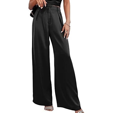 Allegra K Women's Drawstring Elastic High Rise Silky Solid Satin Pants  Black X-Large